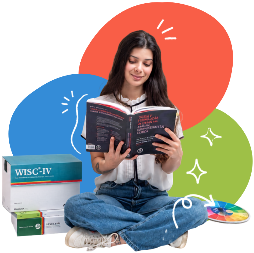 Juliana Meotti sentada, lendo um livro de análise comportamental clínica, ao lado dos materiais de avaliação WISC-IV e Vineland.
